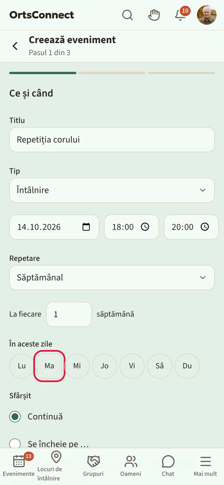 Asistentul, pasul 1 cu repetarea „Săptămânal”, „La fiecare” cu numărul 1 și „săptămâni”, ziua marți marcată și la „Sfârșit” alegerea „Continuă” / „Se încheie pe …”