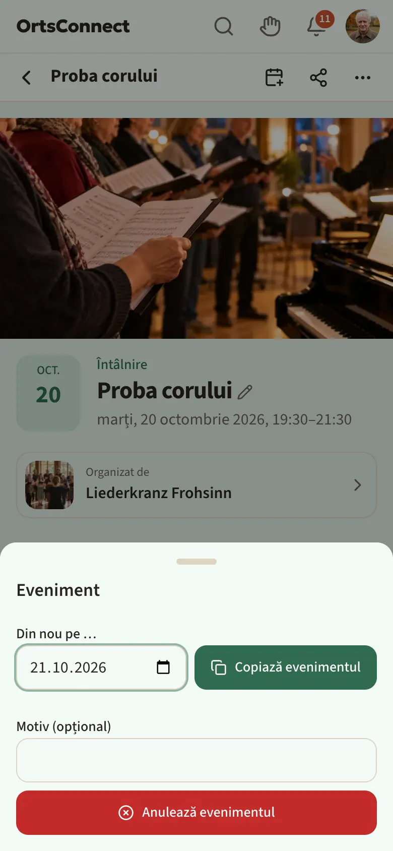 fereastra deschisă „Eveniment” cu secțiunea „Din nou pe …” (dată, butonul „Copiază evenimentul”) și dedesubt câmpul pentru motiv și butonul roșu „Anulează evenimentul”