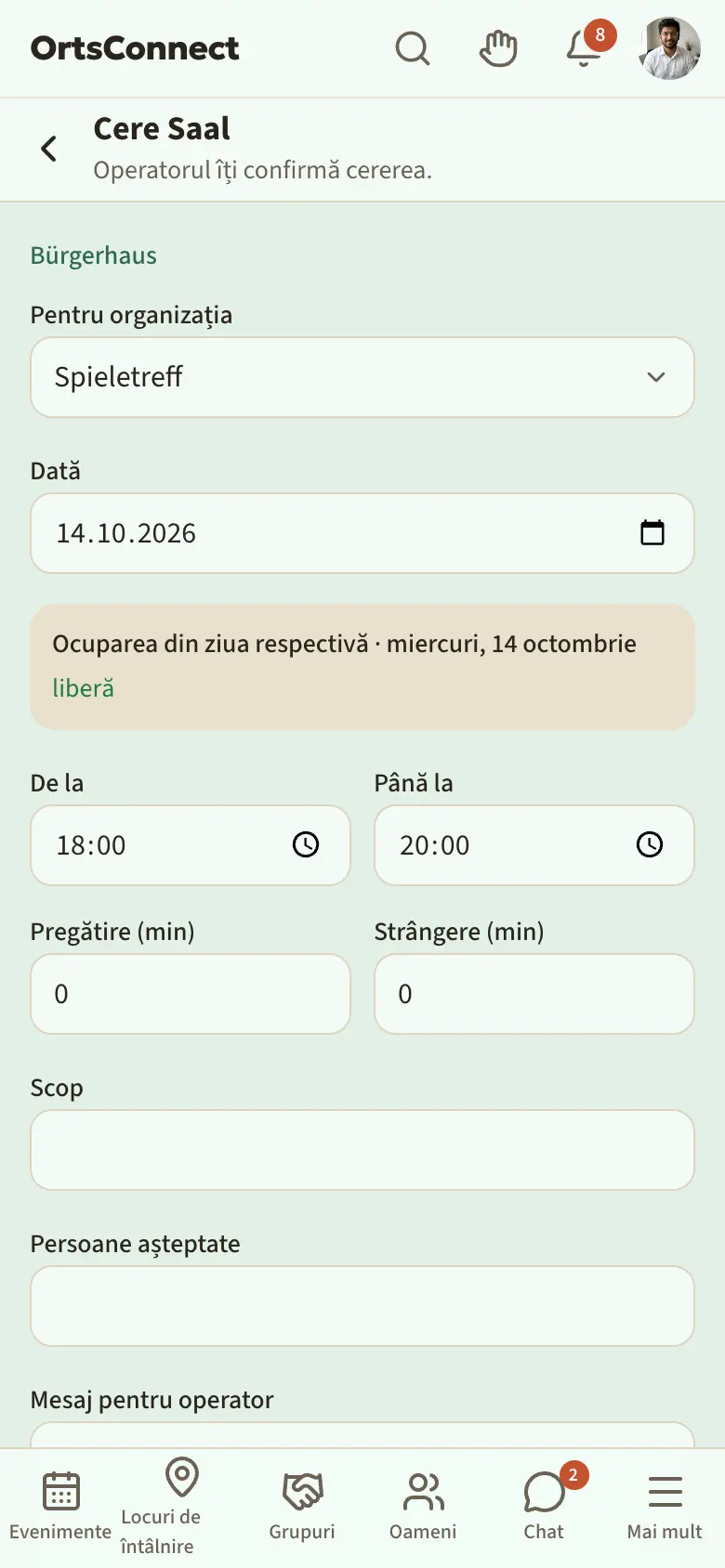 Pagina „Cere …” cu organizația, data, ocuparea din ziua respectivă, De la/Până la, pregătire/strângere, scop și butonul „Trimite cererea”