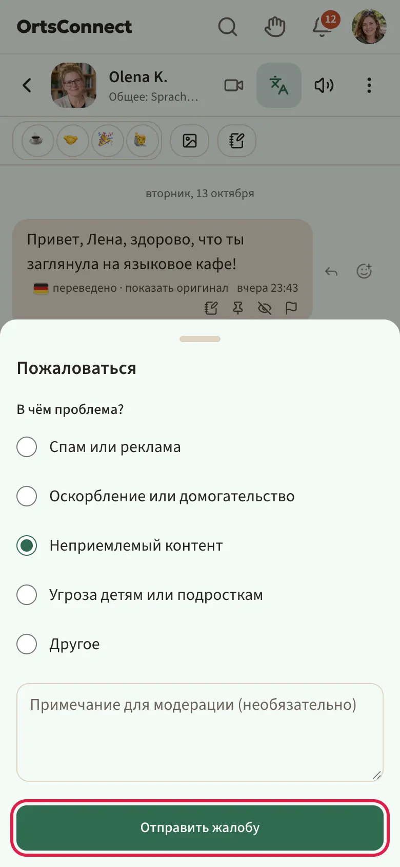открытое окно «Пожаловаться» с пятью причинами в виде пунктов выбора (выбран «Неприемлемый контент»), ниже поле для примечания и выделенная кнопка «Отправить жалобу»