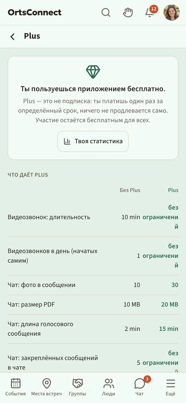 страница «Plus» в браузере на телефоне: вверху «Ты пользуешься приложением бесплатно.» и фраза «Plus — это не подписка …», ниже таблица «Что даёт Plus» со столбцами «Без Plus» и «Plus», ниже «Получить Plus» со сроками 1 месяц и 12 месяцев и «Перейти к оплате»