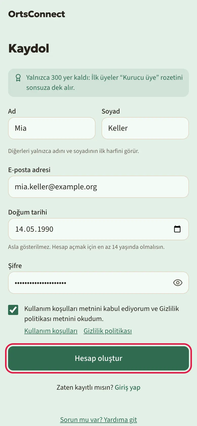 Telefonda “Kaydol” sayfası, örnek bilgilerle doldurulmuş (ad, soyad, e-posta, doğum tarihi, şifre), kullanım koşulları kutusu işaretli, “Hesap oluştur” düğmesi vurgulu
