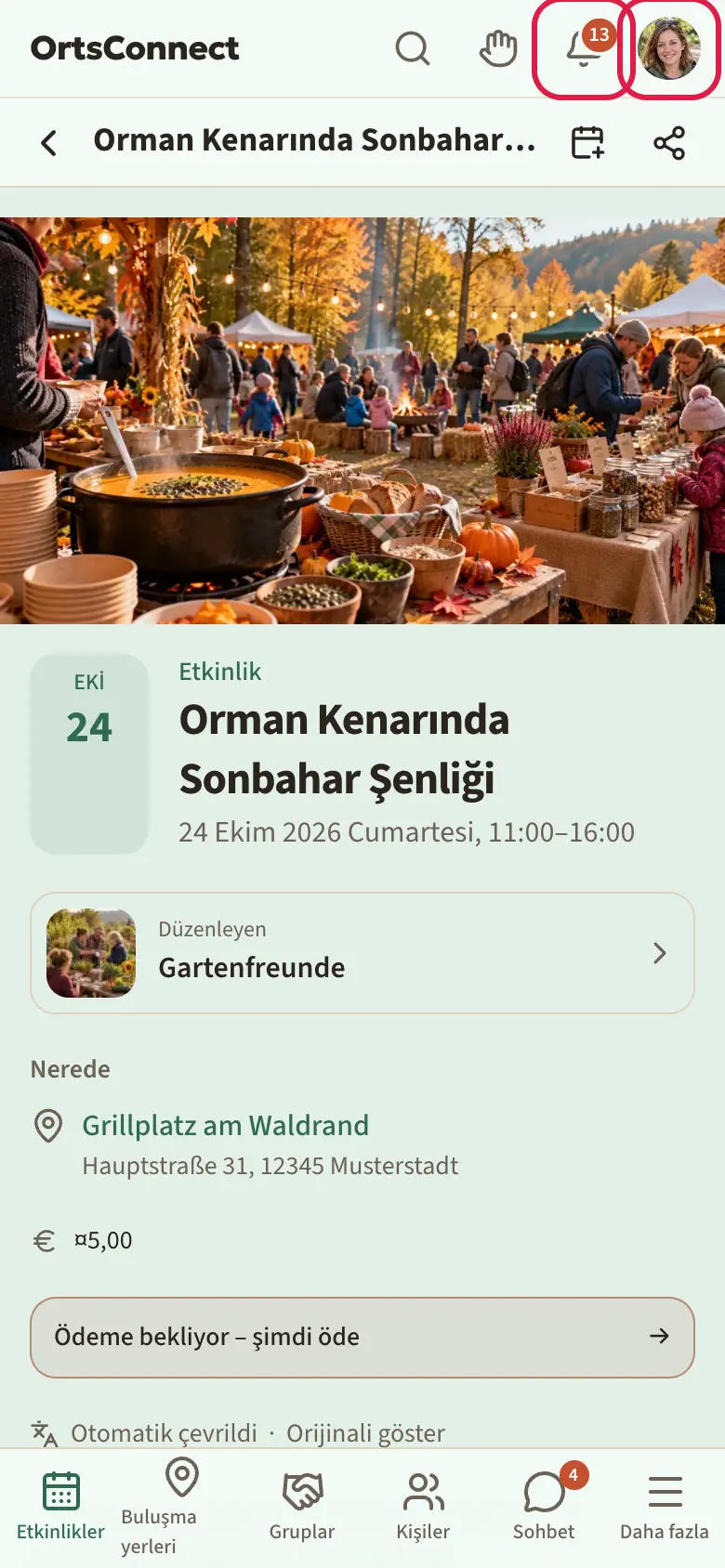 Bir etkinlik sayfasının üst başlık satırı: solda logo, büyüteç, 3 sayılı zil, sağda avatar dairesi; altında geri oku, başlık ve paylaşma ile diğer işlemler simgeleriyle sayfa başlığı; logo, zil ve avatar vurgulu