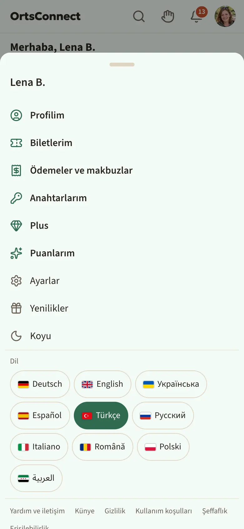 Üstte adın yazdığı açık avatar menüsü, altında Profilim, Biletlerim, Ödemeler ve makbuzlar, sonra Ayarlar, Yenilikler, Koyu, hukuki metinlerin satırı ve Çıkış yap (kırmızı)