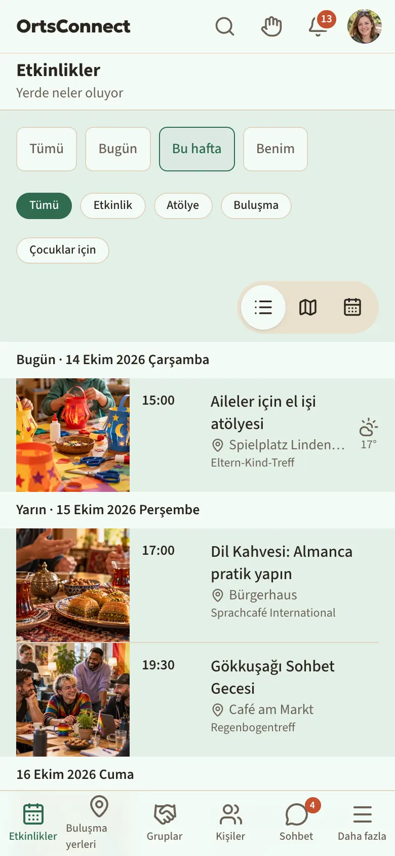 Tümü, Bugün, Bu hafta, Benimkiler seçim düğmeleriyle “Etkinlikler” bölümü; altında Etkinlik, Atölye, Buluşma, Çocuklar için; “Bu hafta” seçili; altında “Bugün” başlığı altında etkinlik listesi