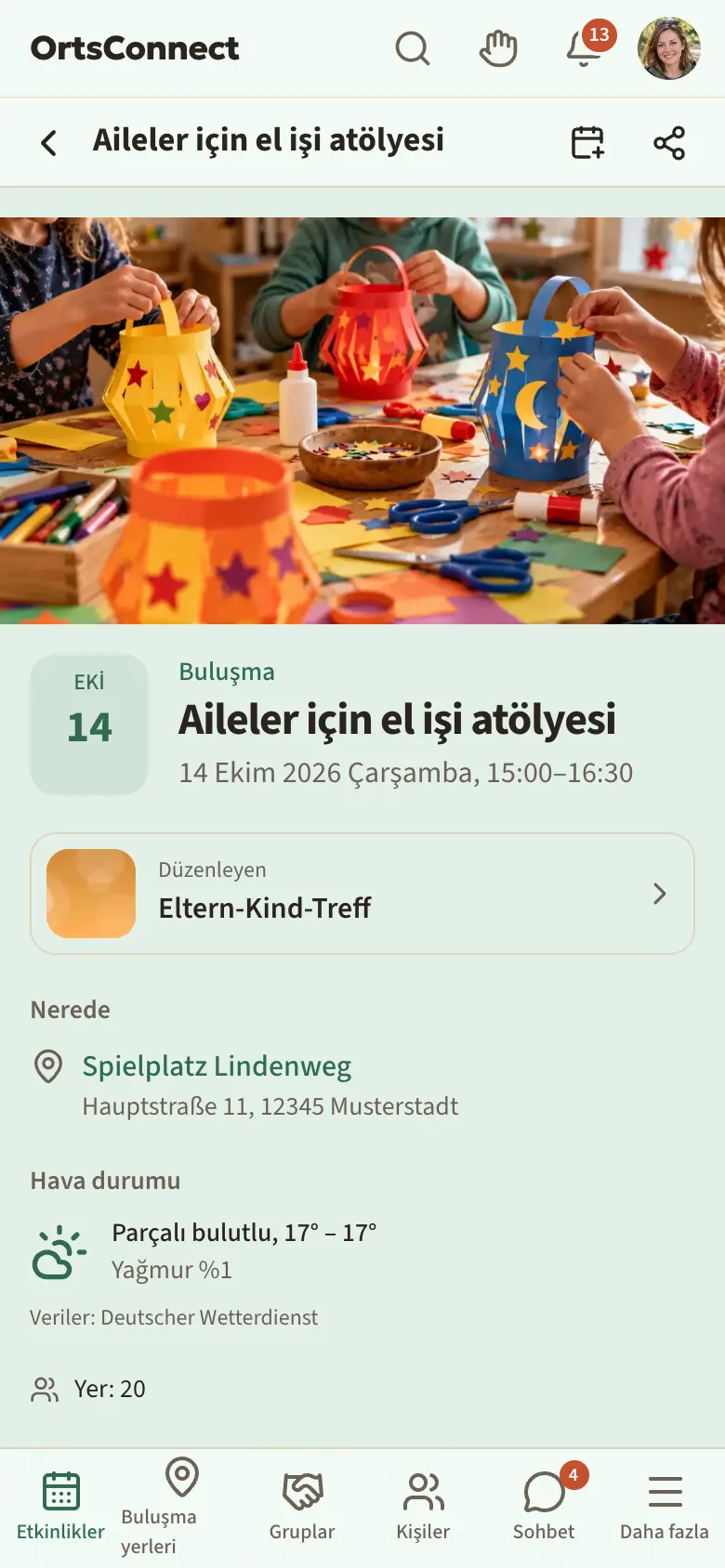 Başlık, tarih, yer ve “20 yerden 12 dolu” kutusuyla etkinlik sayfası, içinde “Katıl” düğmesi vurgulu