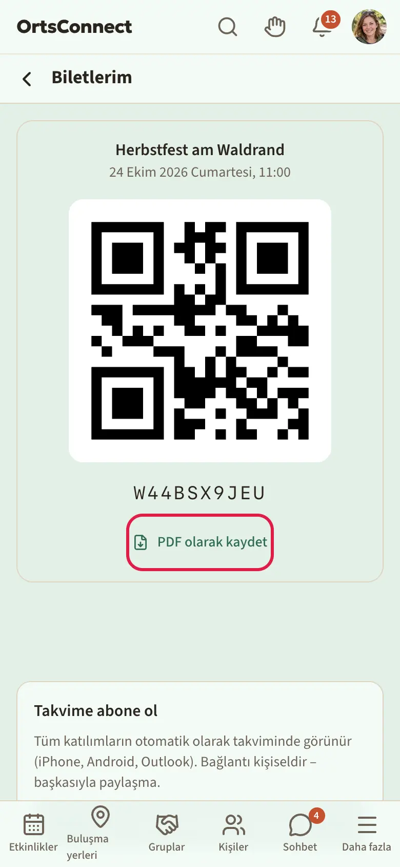 Bir etkinlik ve beyaz zemin üzerinde büyük QR koduyla “Biletlerim” sayfası, altında “PDF olarak kaydet” düğmesi vurgulu
