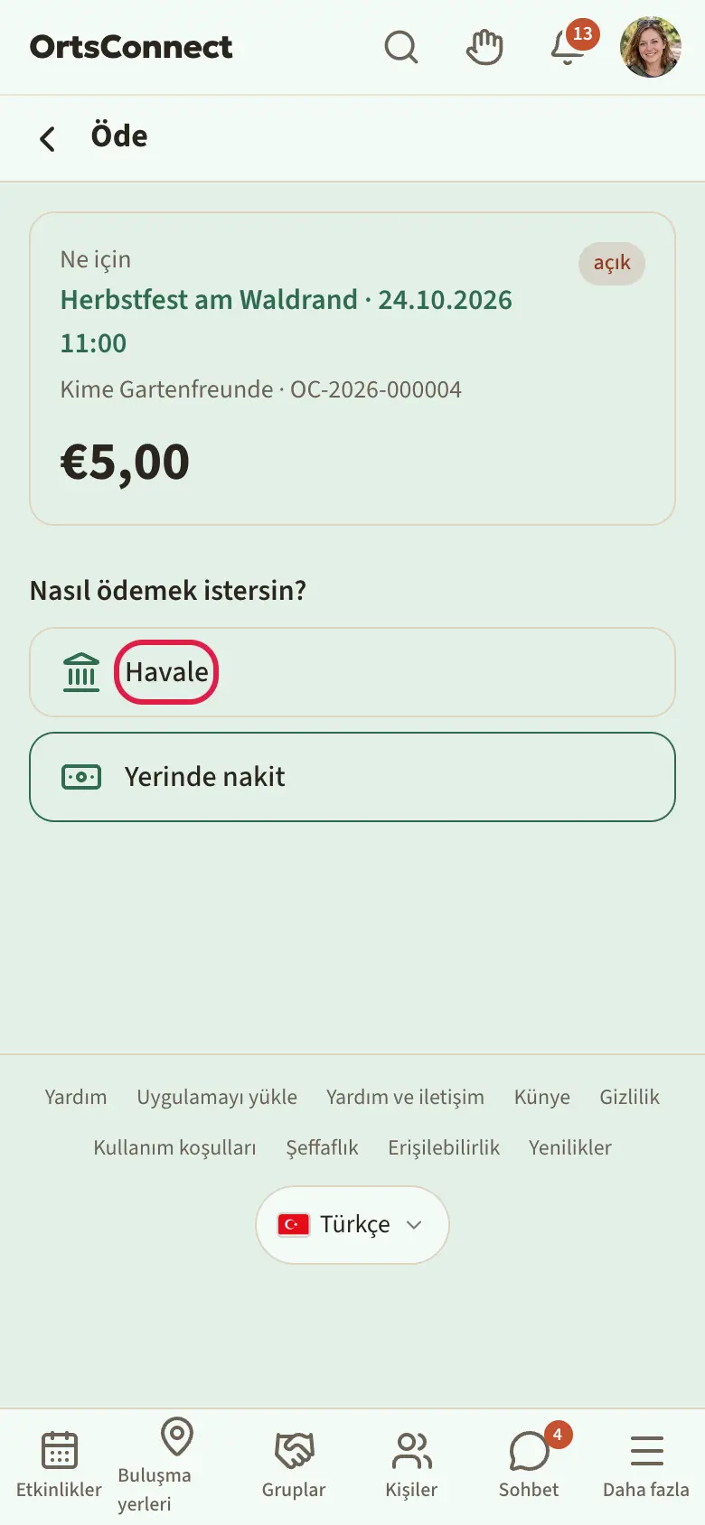 “Nasıl ödemek istersin?” ve Yerinde nakit, Havale, PayPal seçim alanlarıyla “Öde” sayfası; “Havale” vurgulu