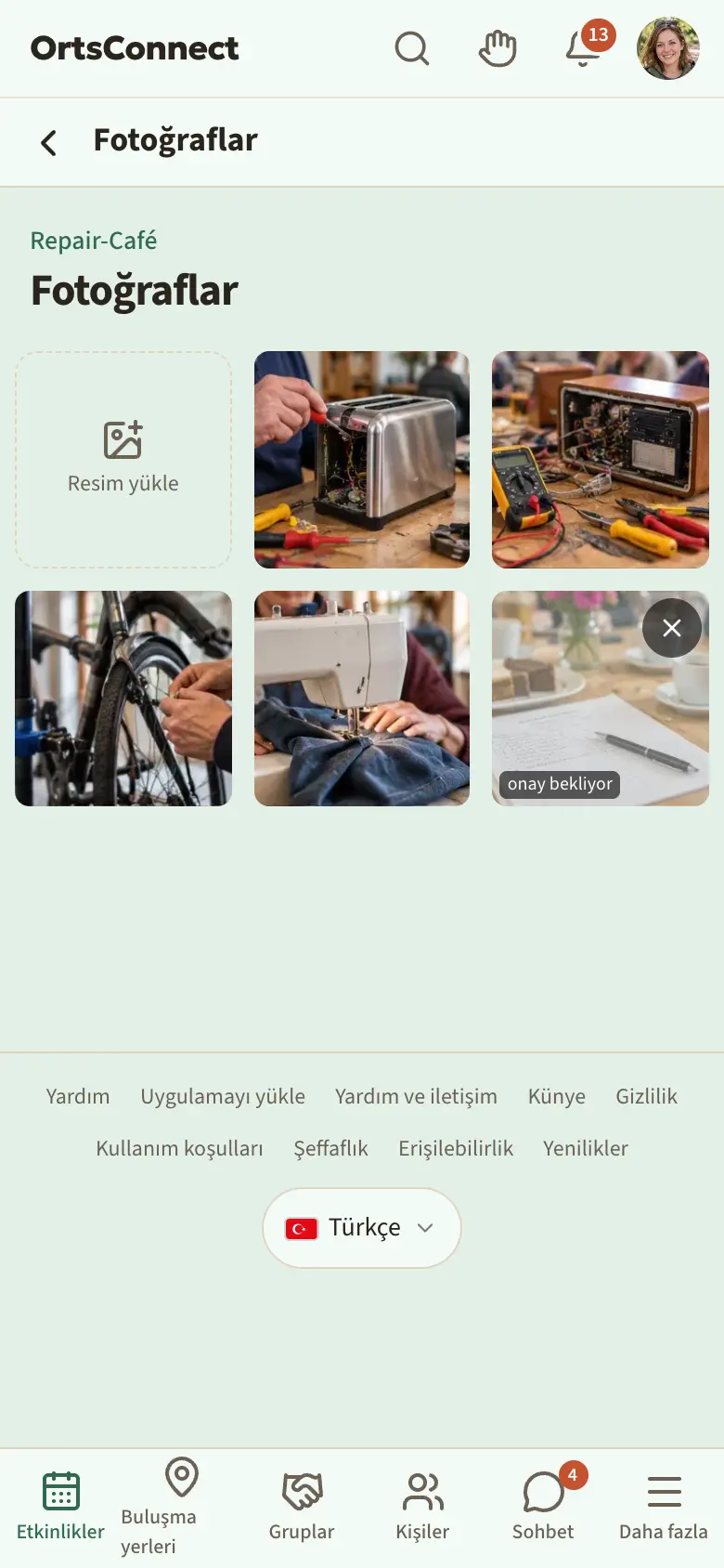 Fotoğraf ızgarasıyla bir etkinliğin “Fotoğraflar” sayfası, sol üstte “Resim yükle” alanı vurgulu, bir fotoğrafta “onay bekliyor” notu