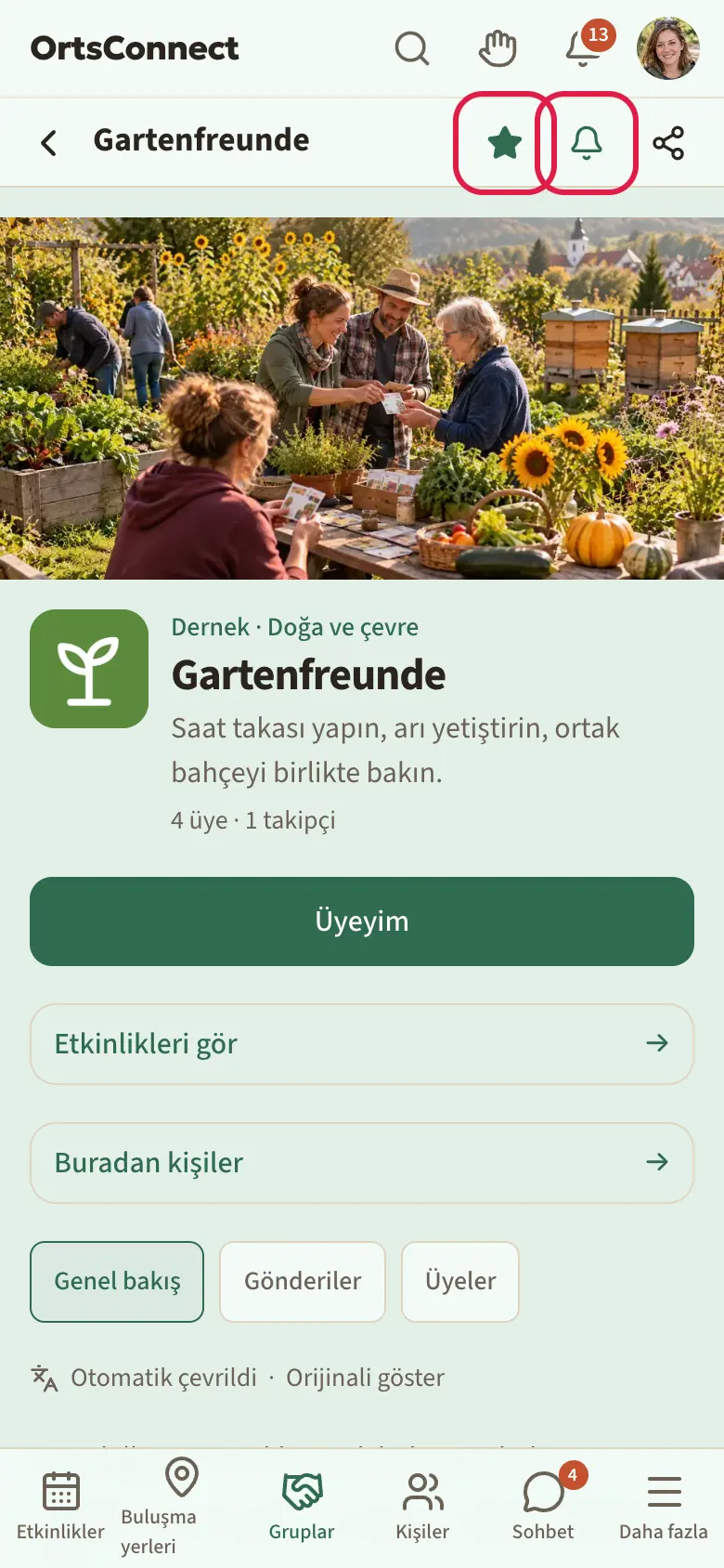 Bir kuruluşun sayfası, üstteki sayfa başlığında dolu yıldız ve yanındaki zil vurgulu, altında kuruluşun kapak fotoğrafı ve adı