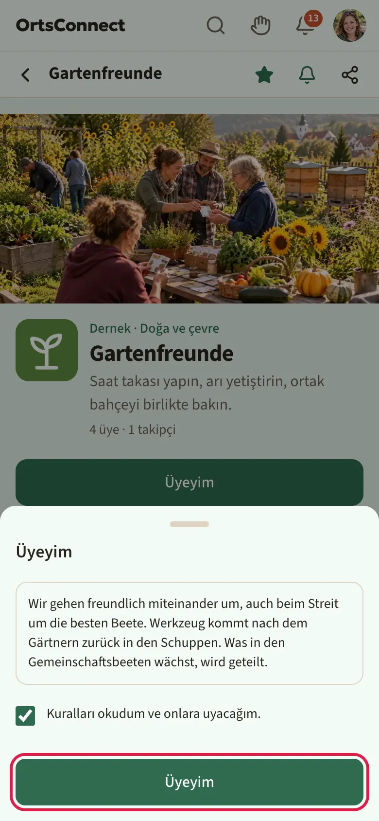 “Profilinde görünmeden önce yönetim bunu onaylar.” notu, kuruluşun kuralları, “Kuralları okudum ve onlara uyacağım.” kutusu ve vurgulu “Üyeyim” düğmesiyle açılmış “Üyeyim” penceresi