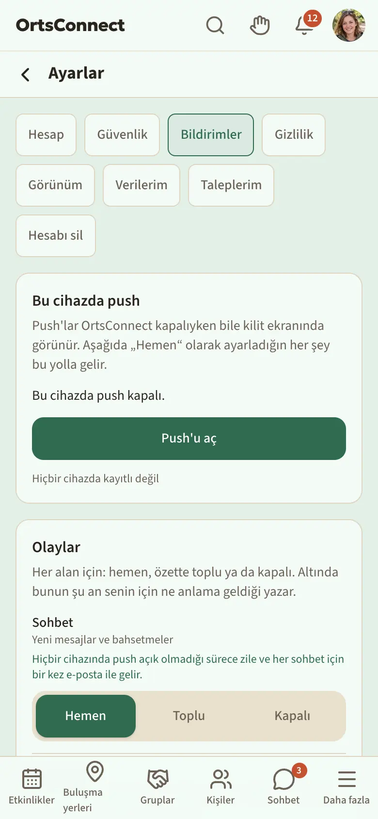 Ayarlarda birkaç alanla (Sohbet, Etkinlikler, Kişiler) “Bildirimler” sayfası, her birinde Hemen, Toplu, Kapalı olmak üzere üç düğme; altında açık düğmesiyle ve Başlangıç 22:00 ile Bitiş 07:00 saatleriyle “Sessiz saatler”