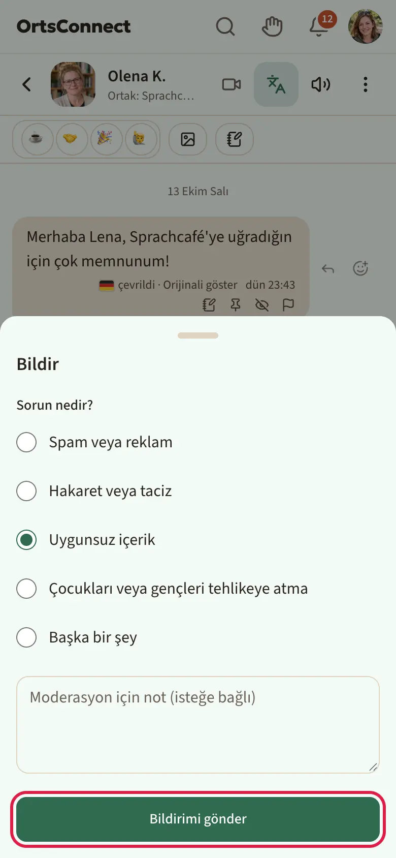 Seçenek olarak beş sebeple açılmış “Bildir” penceresi (Uygunsuz içerik seçili), altında not alanı ve “Bildirimi gönder” düğmesi vurgulu