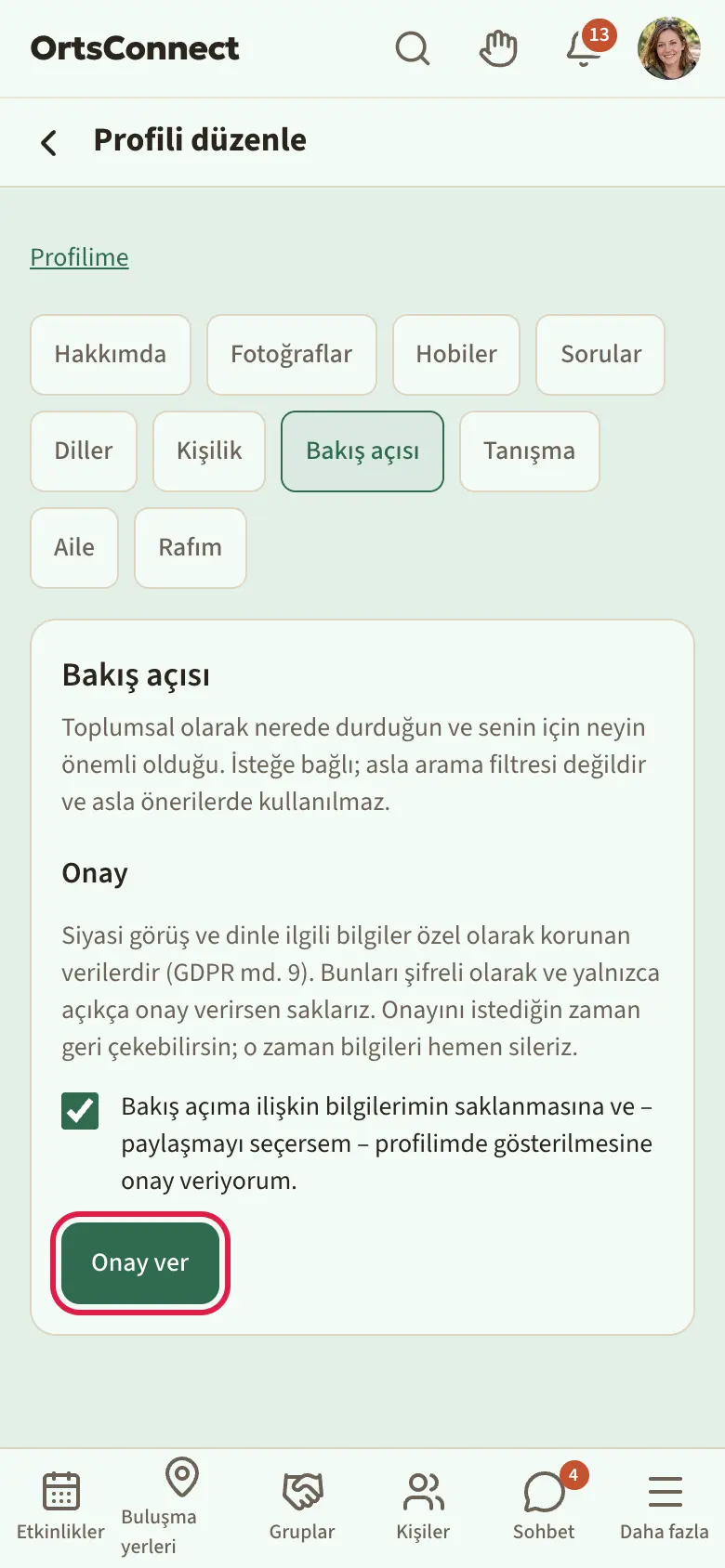 Onaydan önce “Bakış açısı” sekmesi: “Onay” başlığı, GDPR md. 9 hakkında açıklama metni, işaretli “Onay veriyorum …” kutusu ve “Onay ver” düğmesi vurgulu