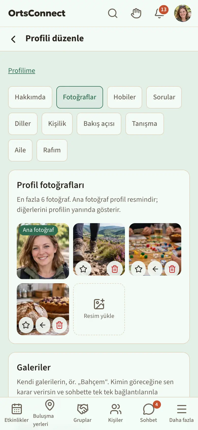 Telefonda Profilim › Profili düzenle › “Fotoğraflar” sekmesi: ana fotoğraf (“Ana fotoğraf” etiketi) ve üç ek fotoğrafla “Profil fotoğrafları” alanı, her birinin altında yıldız, ok (ilki hariç) ve çöp kutusu; ikinci fotoğraftaki yıldız vurgulu; yanında “Resim yükle” alanı