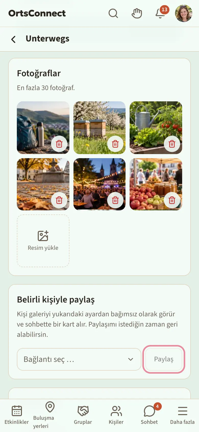 Telefonda kendi galerinin sayfası, “Fotoğraflar”a kadar kaydırılmış: çöp kutulu altı fotoğraf ve “Resim yükle” alanı, altında “Bağlantı seç …” ve vurgulu “Paylaş” düğmesiyle “Belirli kişiyle paylaş”