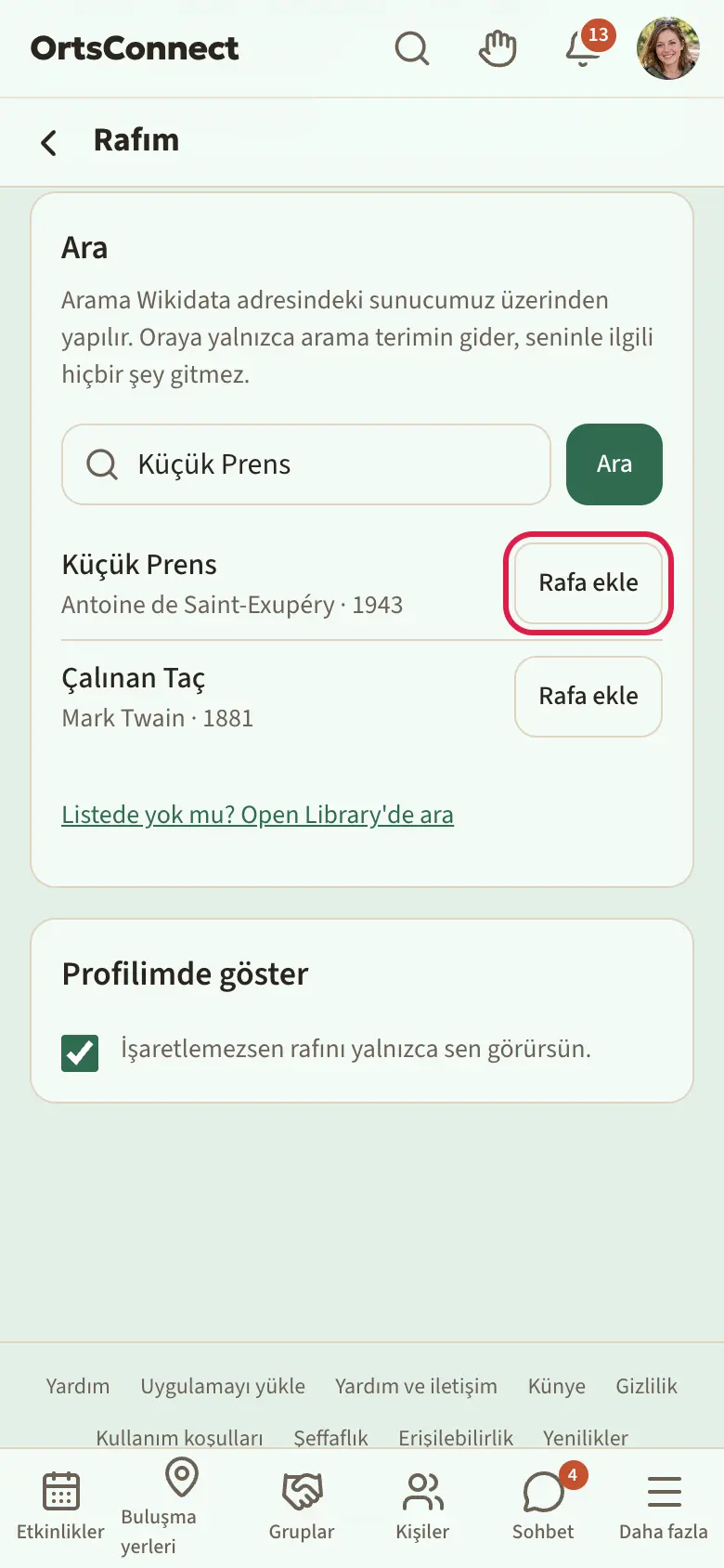 Telefonda Rafım: üstte Kitaplar, Filmler ve diziler, Kutu oyunları, Müzik alanları; altında kendi kayıtların ve bilgilerinle kart; altında sonuçlarla arama ve “Rafa ekle” düğmesi vurgulu