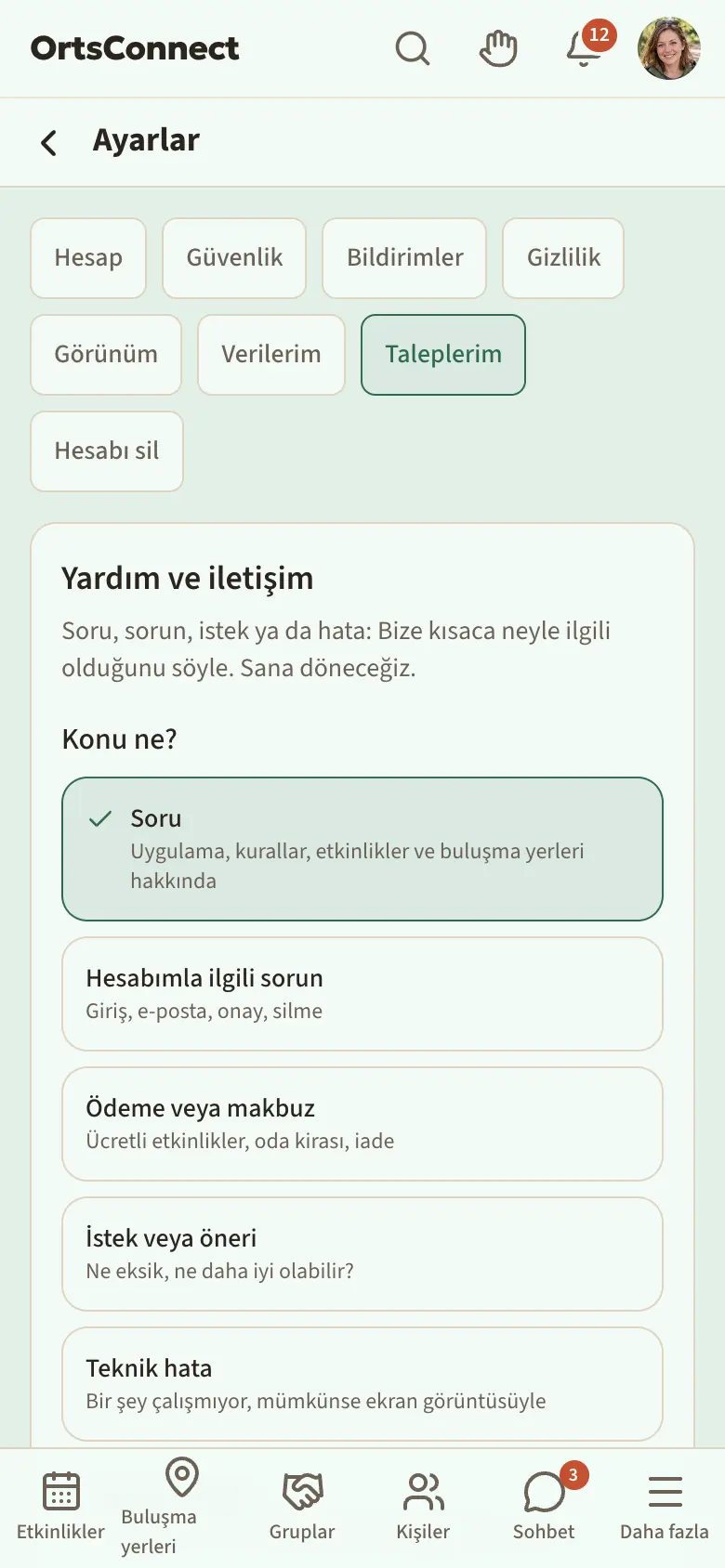 Telefonda giriş yapılmış “Yardım ve iletişim” sayfası (/de/kontakt): altı konuyla “Konu ne?” (Soru seçili), “Mesajın” alanı ve “Gönder” düğmesi vurgulu