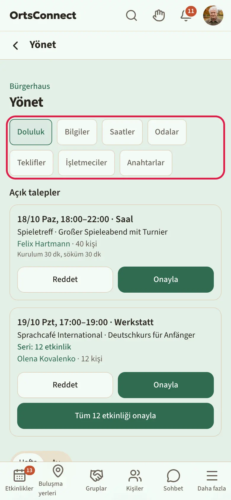 Bir buluşma yerinin yönetimi, “Doluluk · Bilgiler · Saatler · Odalar · Teklifler · İşletmeciler” sekmeleri vurgulu