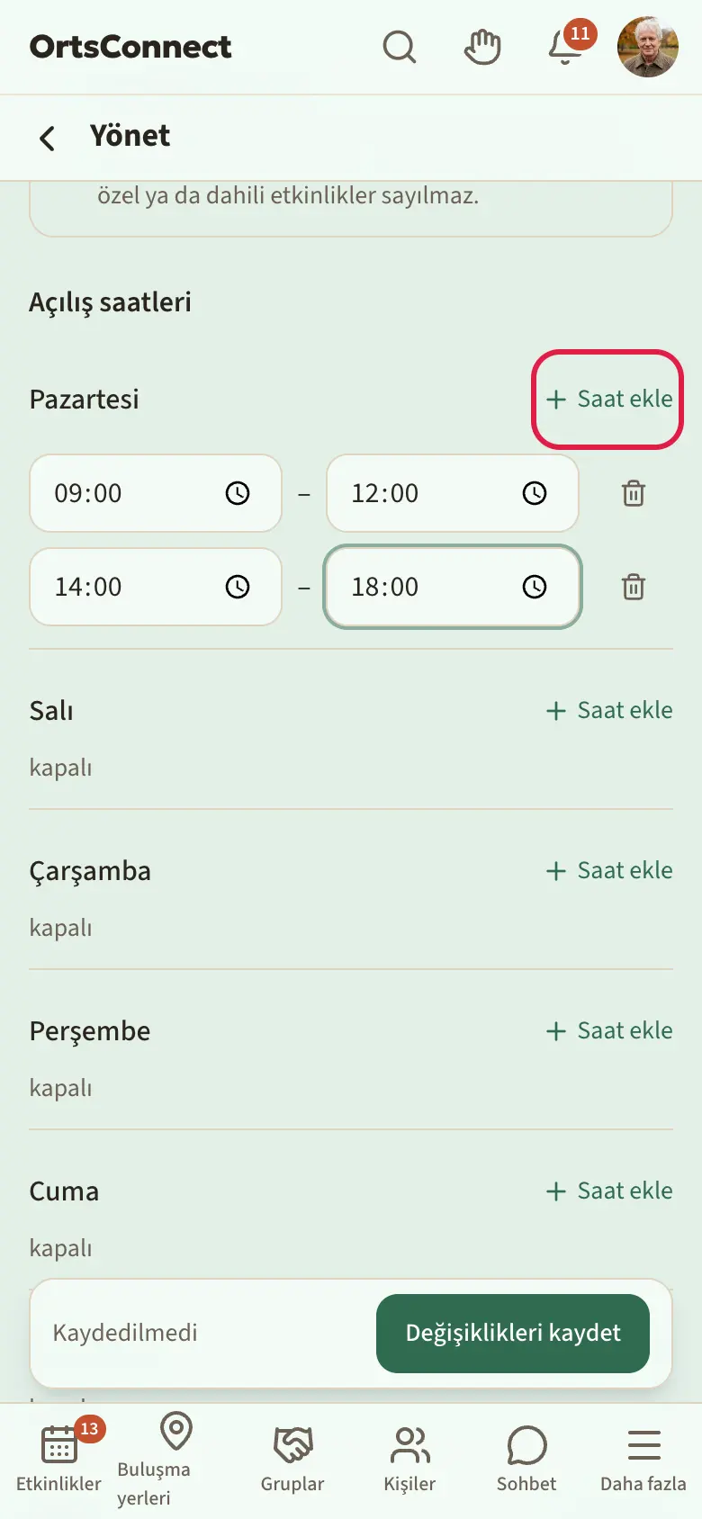 Yönetim › Saatler, iki zaman aralığıyla pazartesi (öğleden önce ve öğleden sonra), pazar “kapalı”, “Saat ekle” düğmesi vurgulu