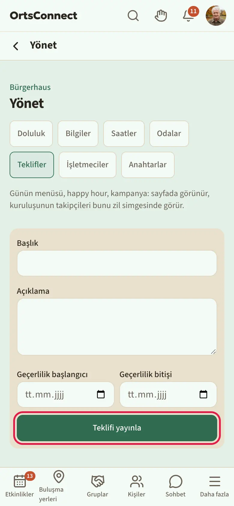 Yönetim › Teklifler, üstte zaman aralığı ve çöp kutusu simgesiyle mevcut bir teklif, altında “Teklifi yayınla” düğmesiyle doldurulmuş form