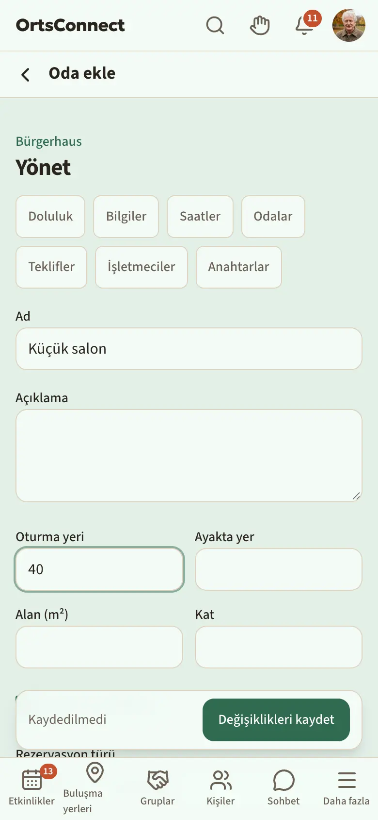 Yönetim › Odalar › Oda ekle, ad, oturma yeri, alan, “Rezerve edilebilir” kutusu, “Rezervasyon türü: buluşma yerindeki gibi” ve saatlik ücretle doldurulmuş