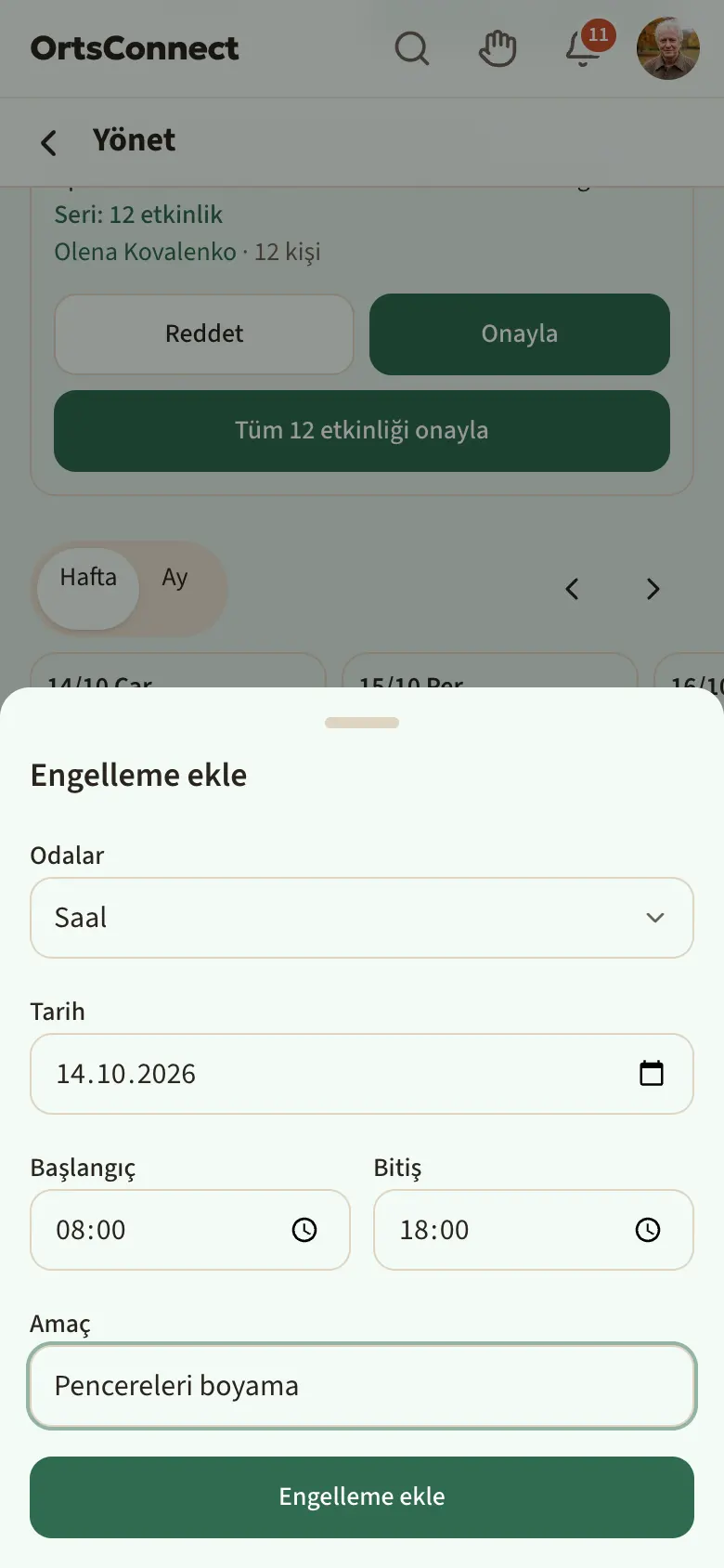 Oda, tarih, başlangıç, bitiş ve amaç doldurulmuş açık “Engelleme ekle” penceresi
