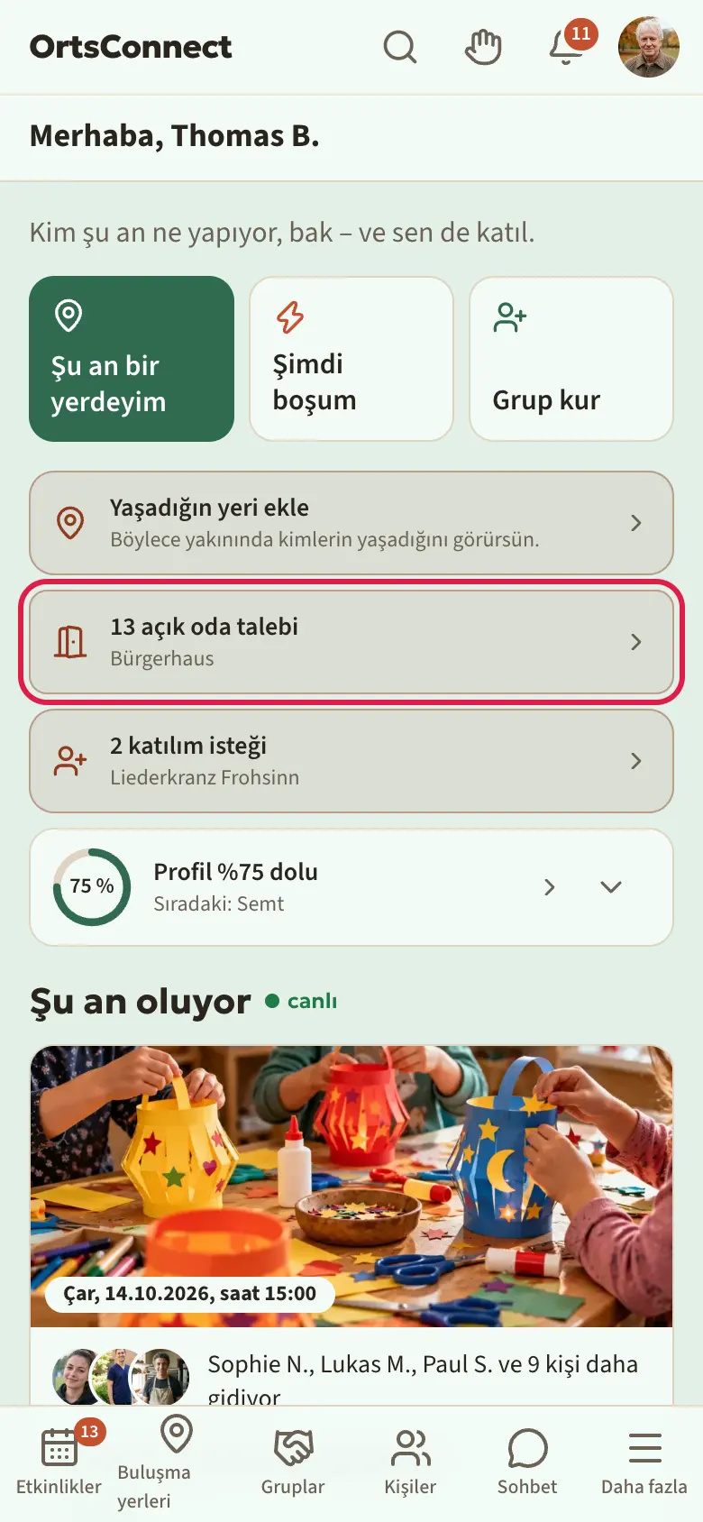 “2 açık oda talebi” kutucuğu ve altında buluşma yerinin adıyla “Ana sayfa” bölümü, kutucuk vurgulu