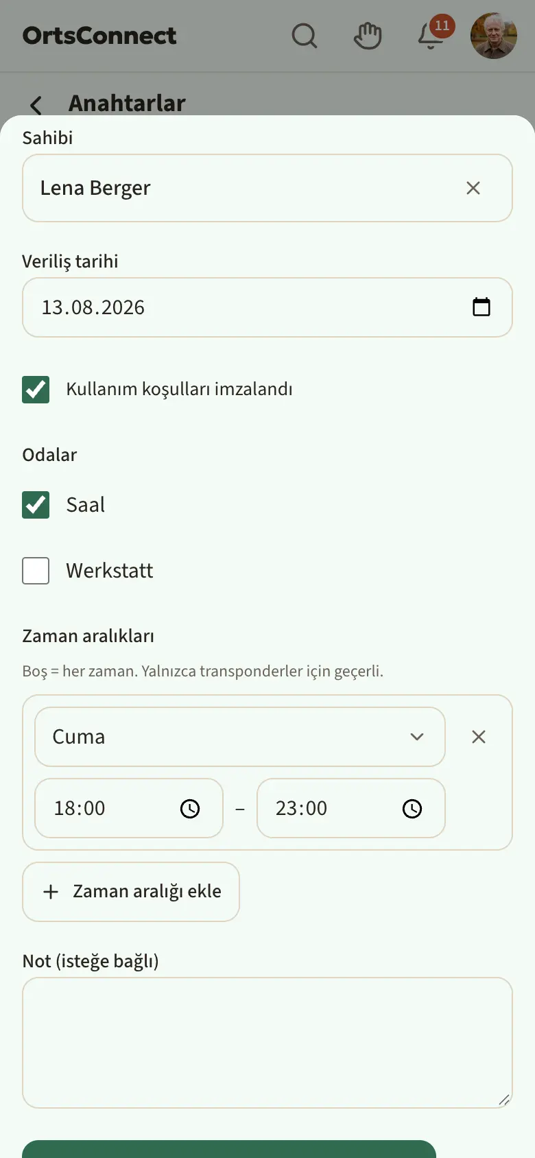 “Transponder 2” için “Anahtarı düzenle” penceresi, odalara kadar kaydırılmış: sahibi, veriliş tarihi, odalar (salon işaretli) ve cuma 18:00–23:00 zaman aralığı