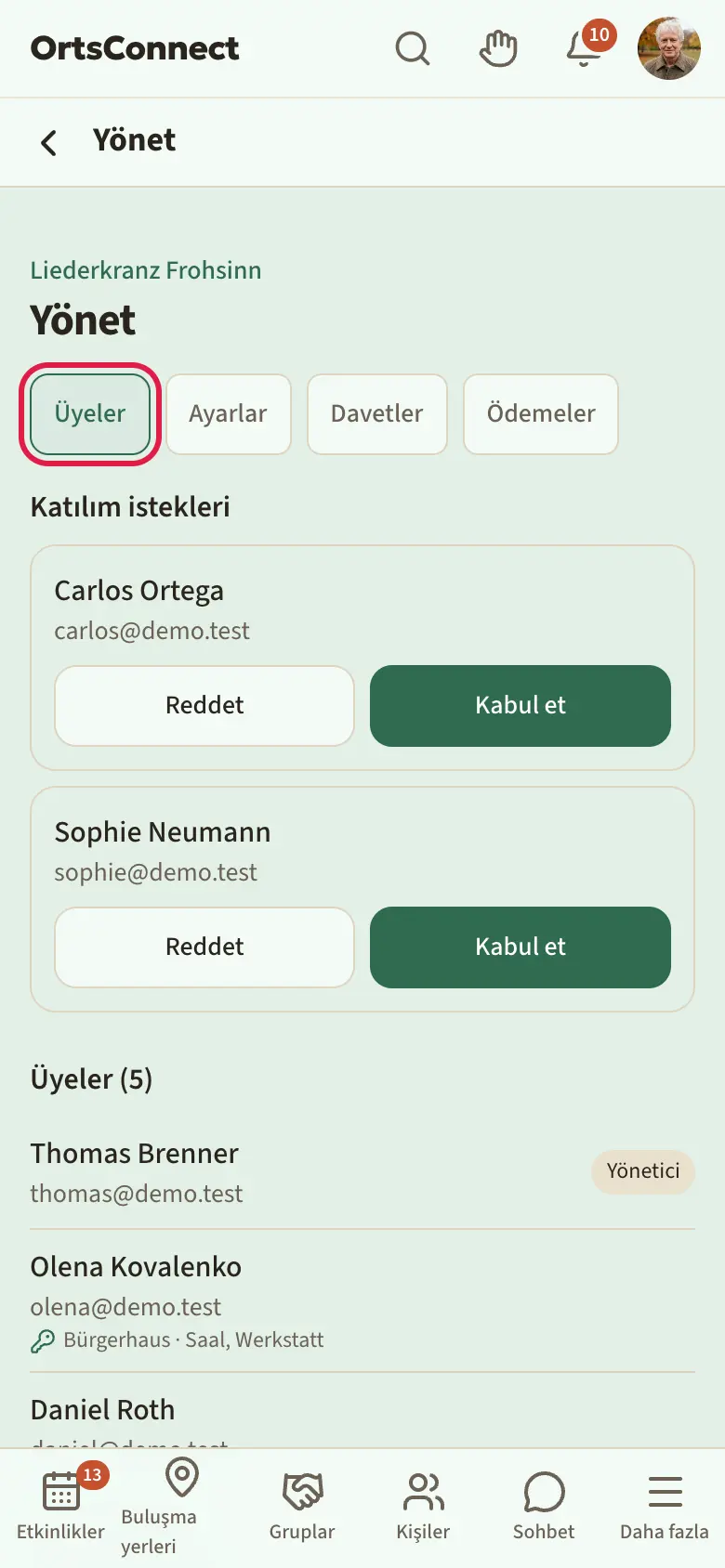 “Üyeler”, “Ayarlar”, “Davetler”, “Ödemeler” sekmeleriyle bir kuruluşun yönetim sayfası; “Üyeler” etkin