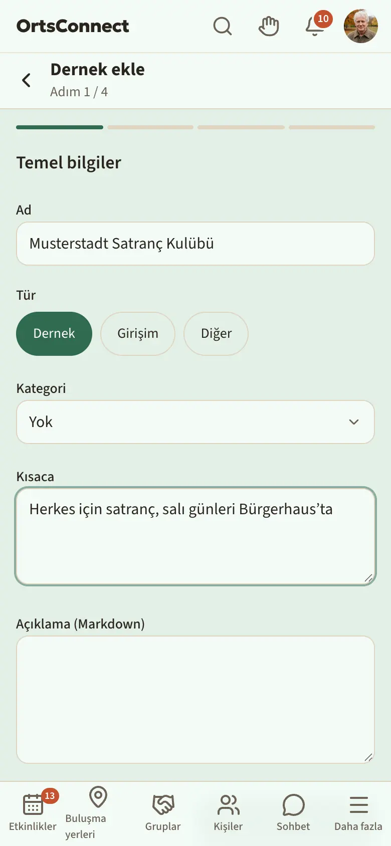 “Dernek ekle” sihirbazı, 1. adım “Temel bilgiler”, tür olarak “Dernek” seçili, Ad, Kategori ve Kısaca alanları doldurulmuş