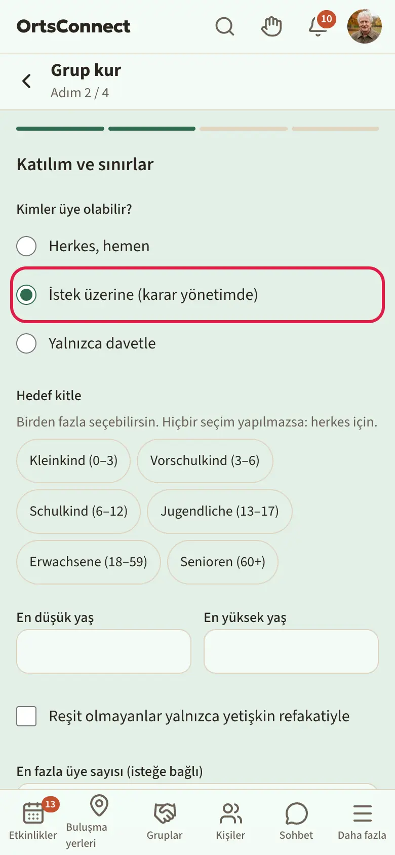 Sihirbazın 2. adımı “Katılım ve sınırlar”, “Kimler üye olabilir?” altında üç seçenek, “İstek üzerine (karar yönetimde)” vurgulu
