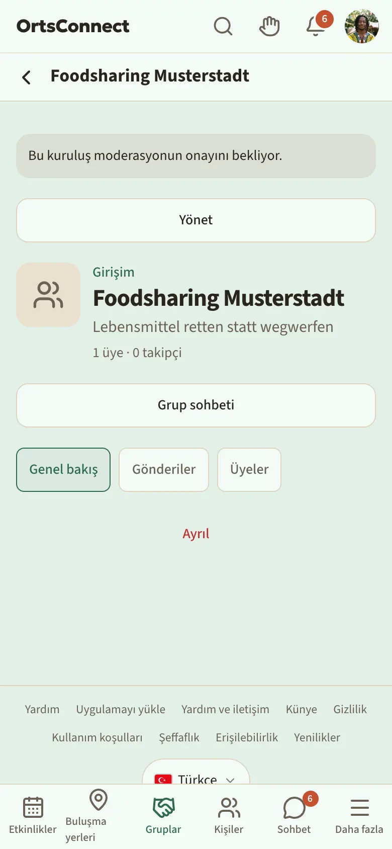 Renkli “Bu kuruluş moderasyonun onayını bekliyor.” notuyla yeni bir kuruluşun sayfası