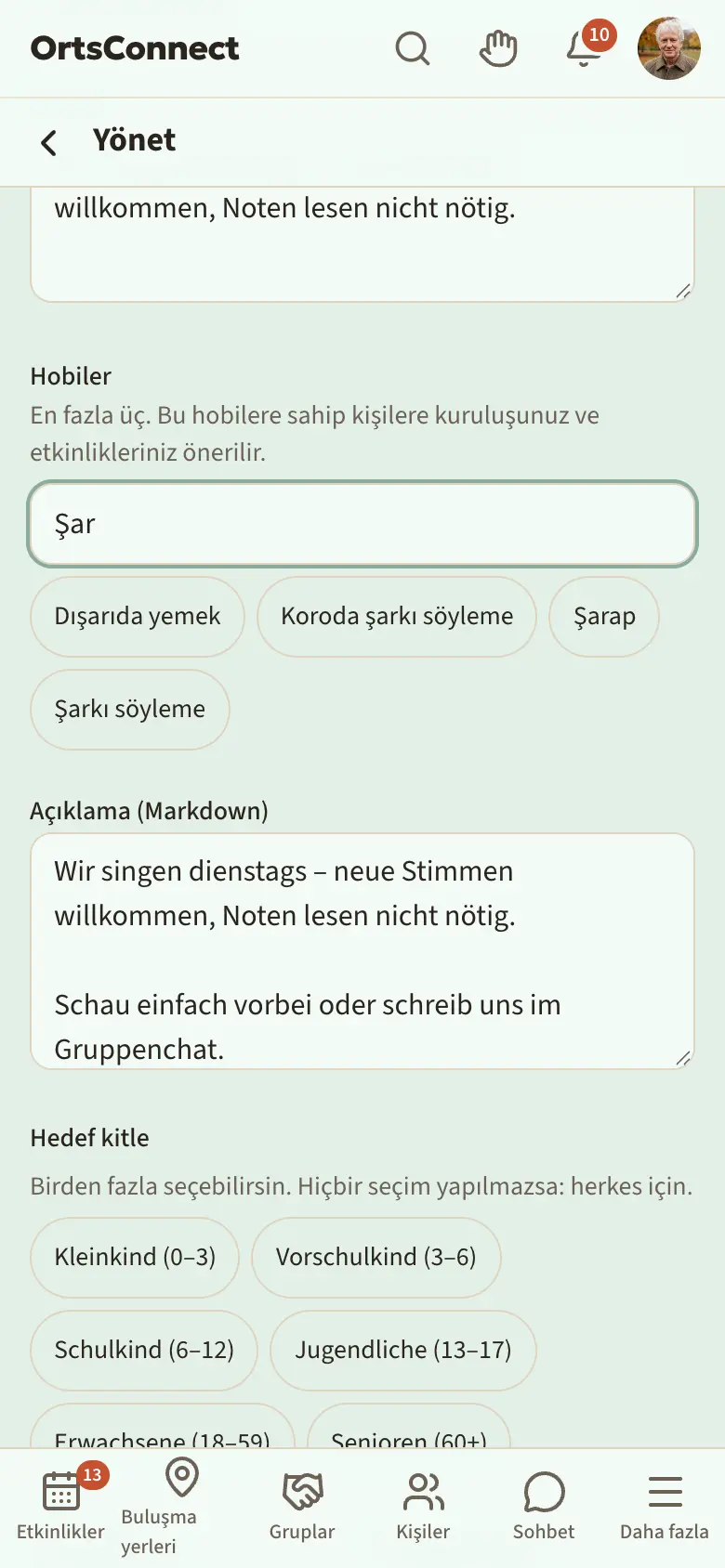 Ayarlar, yeşil düğmeler olarak iki seçili hobi ve altında arama alanıyla “Hobiler” bölümü