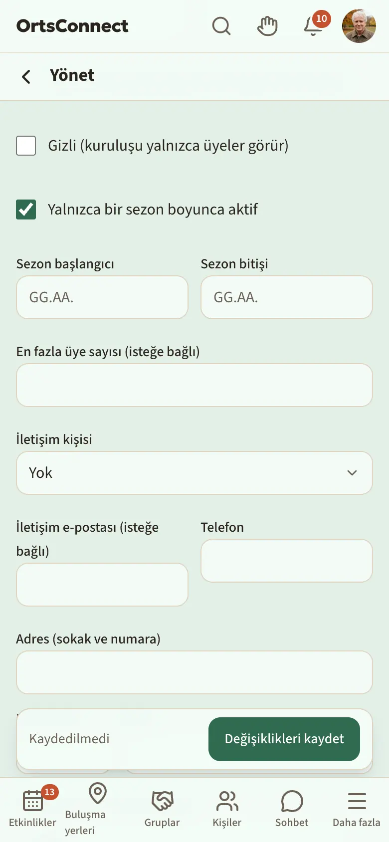 İşaretli “Yalnızca bir sezon boyunca aktif” kutusu ve doldurulmuş “Sezon başlangıcı” ile “Sezon bitişi” alanlarıyla ayarlar