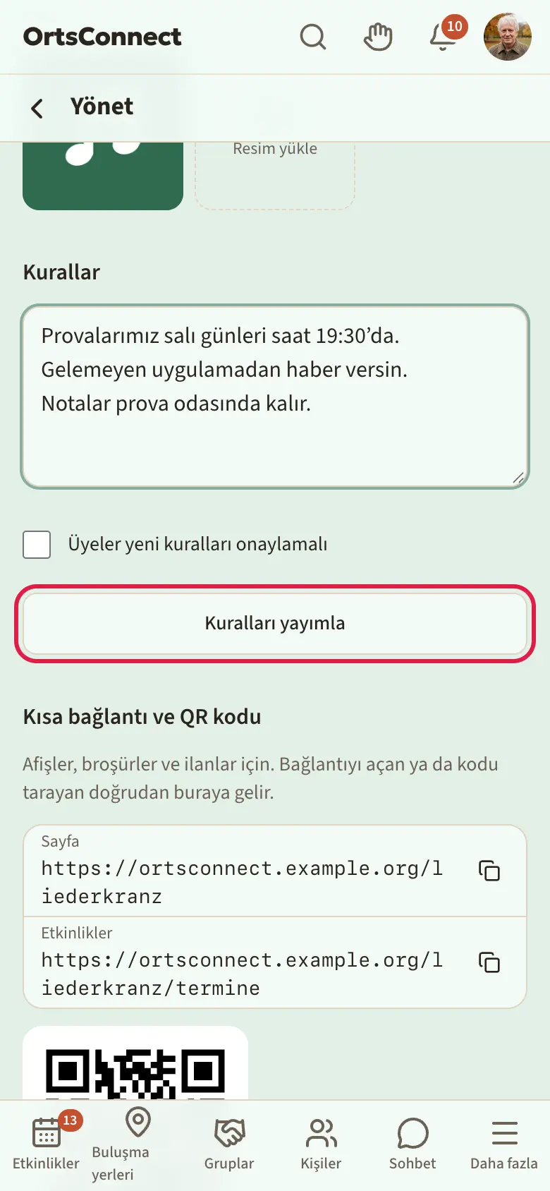 Ayarlar, sürüm numarası, metin alanı, “Üyeler yeni kuralları onaylamalı” kutusu ve “Kuralları yayımla” düğmesiyle “Kurallar” bölümü