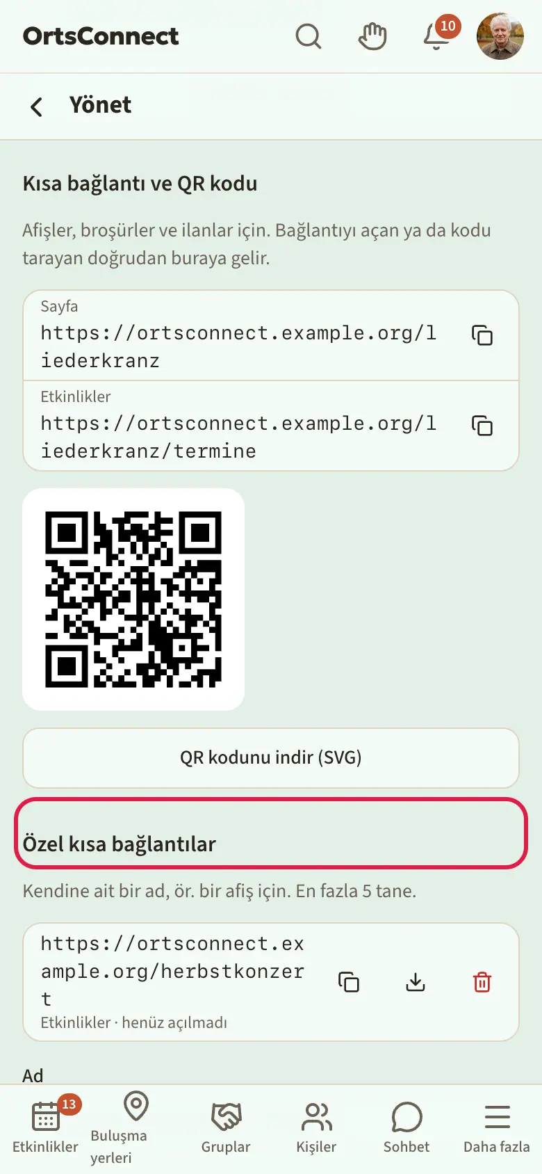 Ayarlar, Sayfa ve Etkinlikler, QR kodu, “herbstkonzert” adlı özel bir kısa bağlantı ve “Kısa bağlantı oluştur” formuyla “Kısa bağlantı ve QR kodu” bölümü