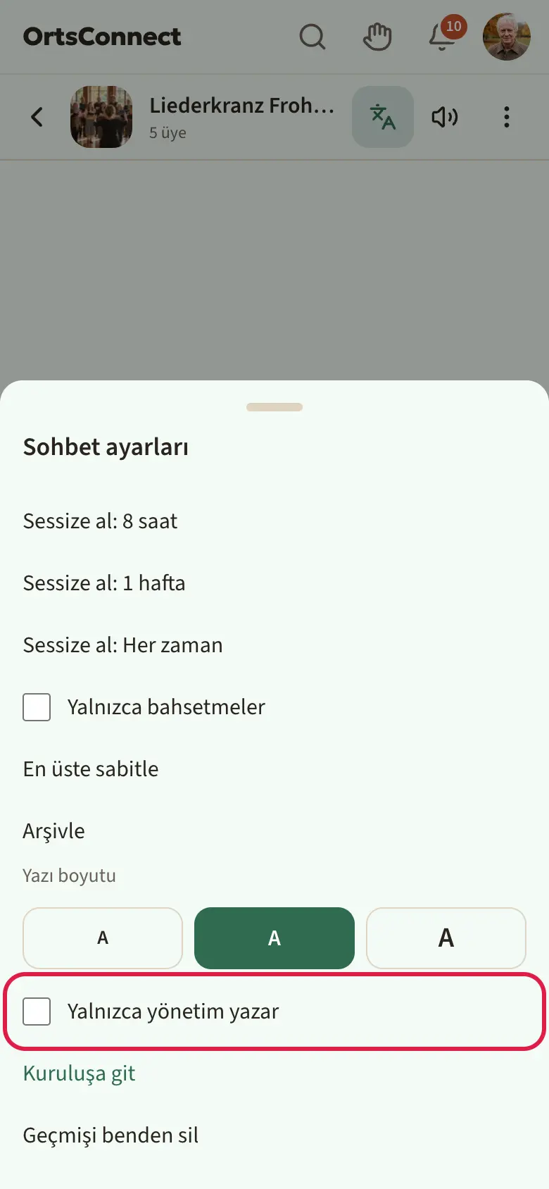 “Sohbet ayarları” açık grup sohbeti, “Yalnızca yönetim yazar” kutusu vurgulu