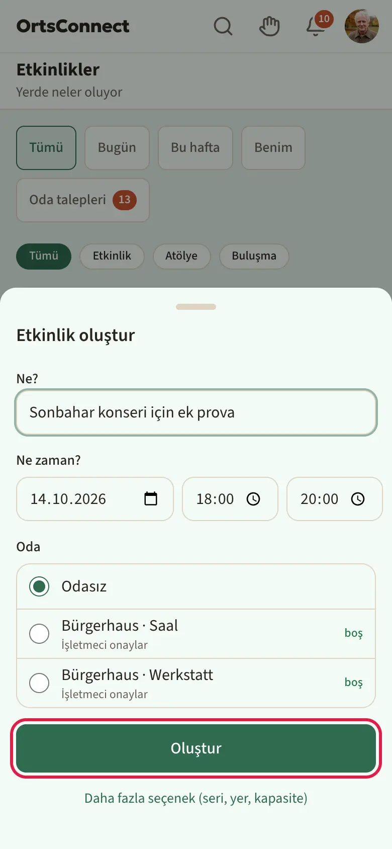 Açılmış “Etkinlik oluştur” penceresiyle etkinlik listesi: “Ne?”, “Ne zaman?” alanları, durumlarıyla oda listesi; “Oluştur” düğmesi vurgulu