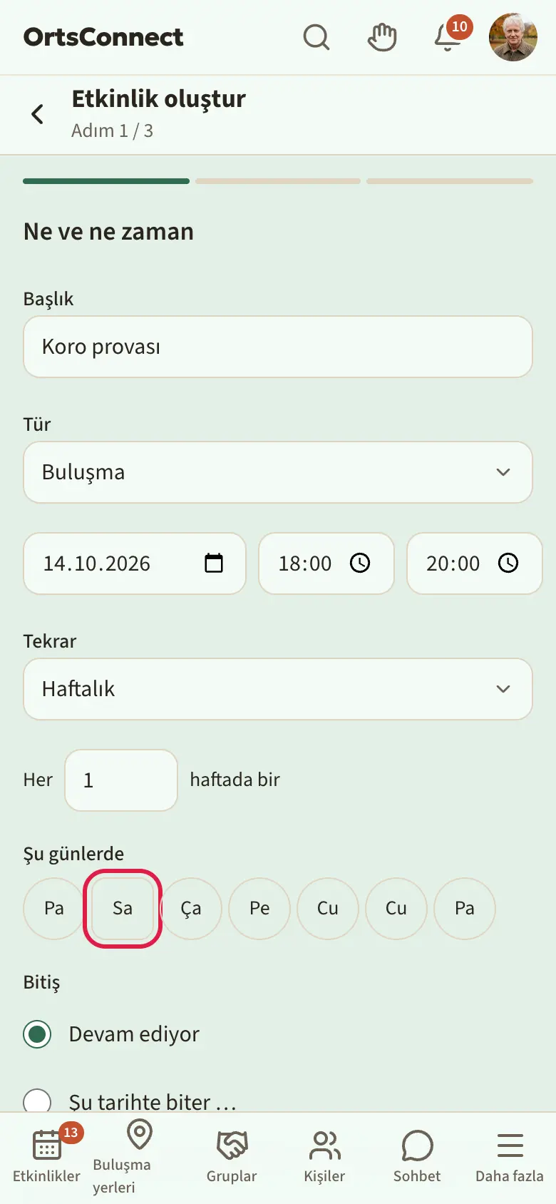 “Haftalık” tekrar, 1 sayısıyla “Her” ve “haftada bir”, salı günü vurgulu ve “Bitiş” altında “Devam ediyor” / “Şu tarihte biter …” seçimiyle sihirbazın 1. adımı