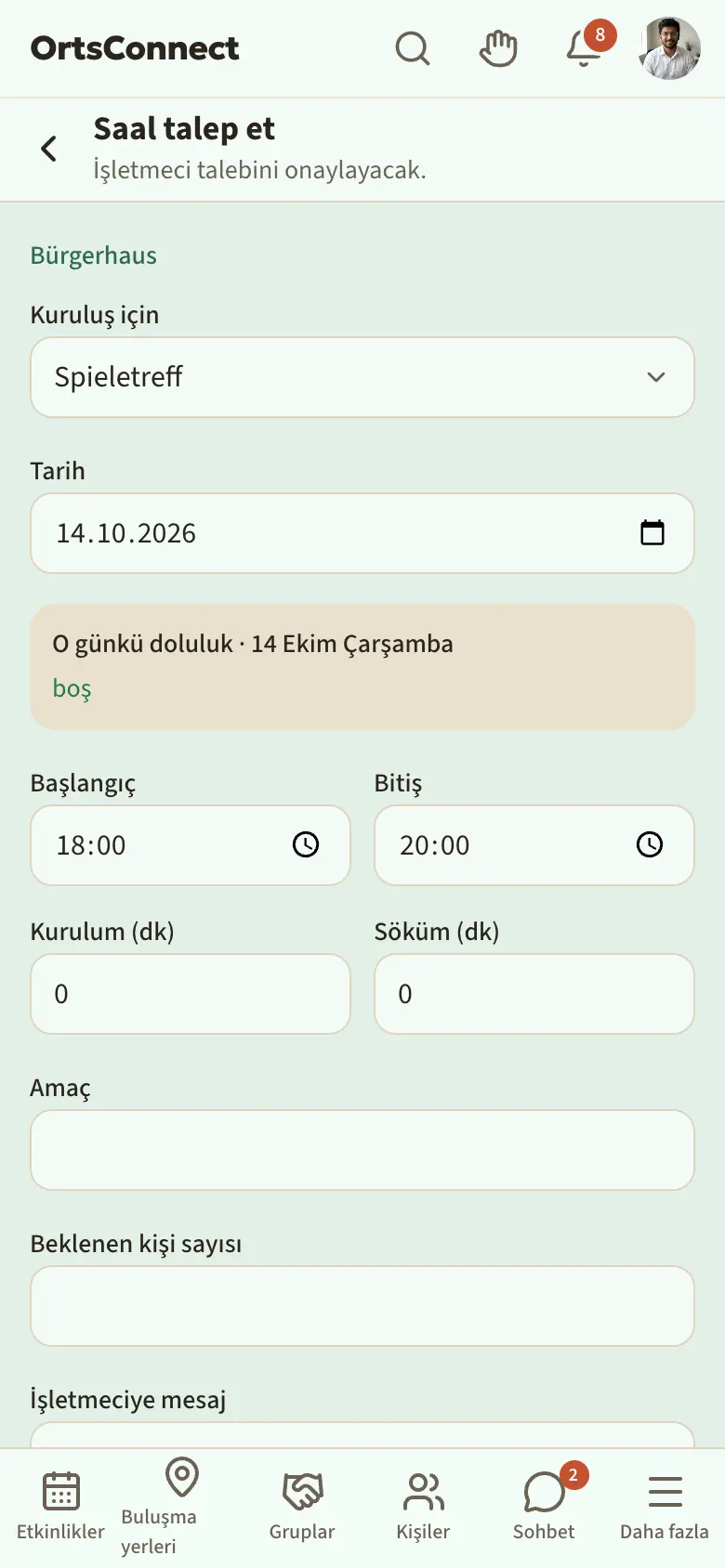 Kuruluş, tarih, o günkü doluluk, Başlangıç/Bitiş, Kurulum/Söküm, Amaç ve “Talep gönder” düğmesiyle “… talep et” sayfası