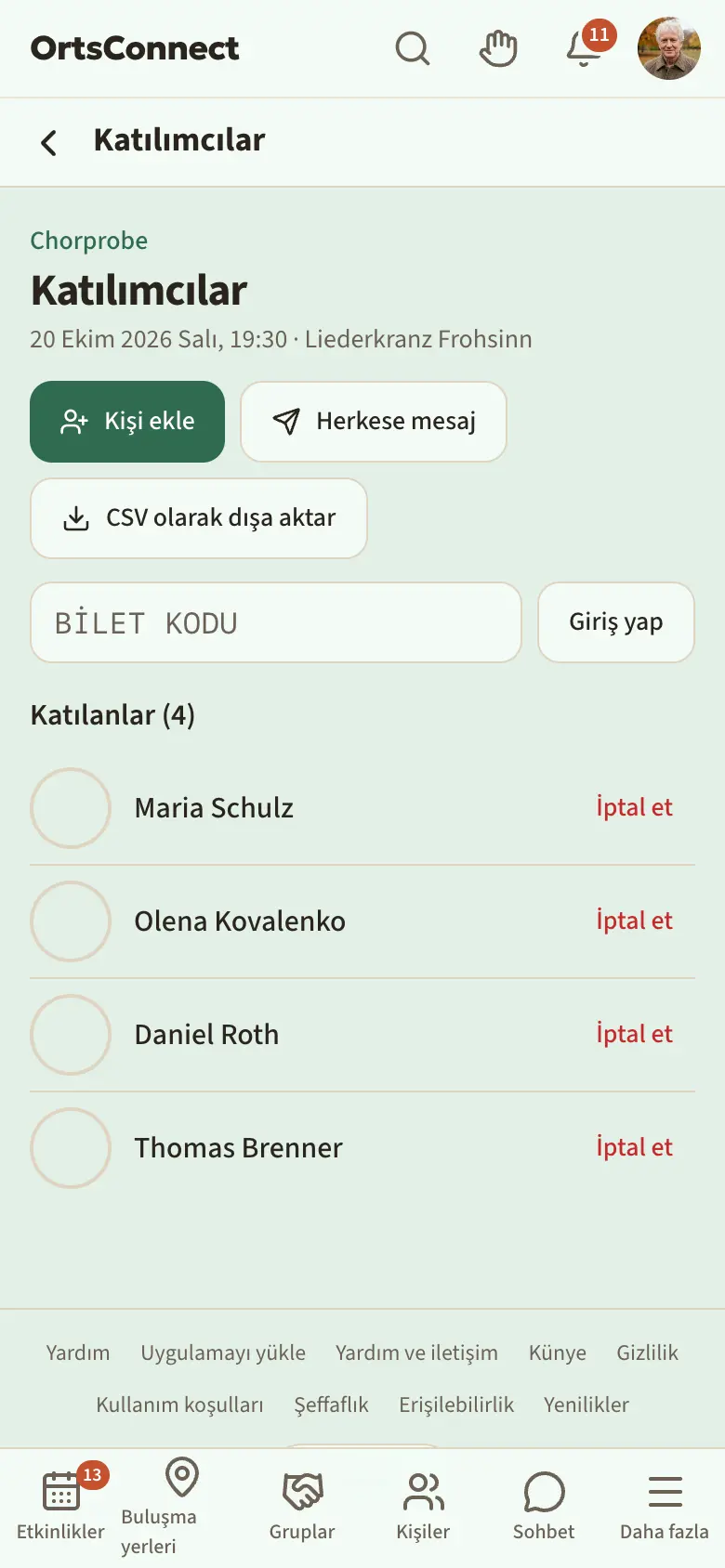 “Kişi ekle”, “Herkese mesaj”, “CSV olarak dışa aktar” düğmeleri, bilet kodu alanı ve yuvarlak katılım daireleriyle “Katılanlar” listesiyle “Katılımcılar” sayfası