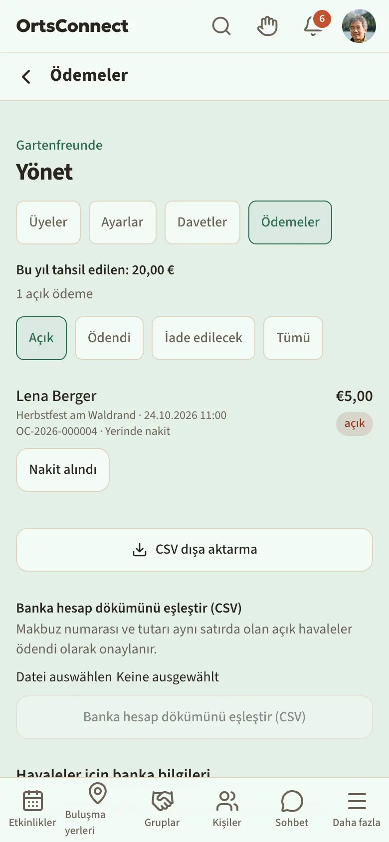 Üstte yıllık gelirlerle Yönet › Ödemeler, “Açık” filtresi etkin ve “Nakit alındı” ile “Havale alındı” düğmeleriyle bir ödeme