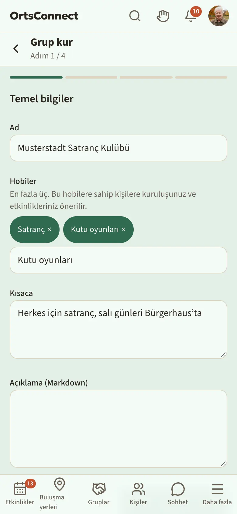 “Grup kur” sihirbazı, 1. adım “Temel bilgiler”, ad doldurulmuş ve “Hobiler” altında iki hobi seçilmiş, altında “Hobi ara …” alanı