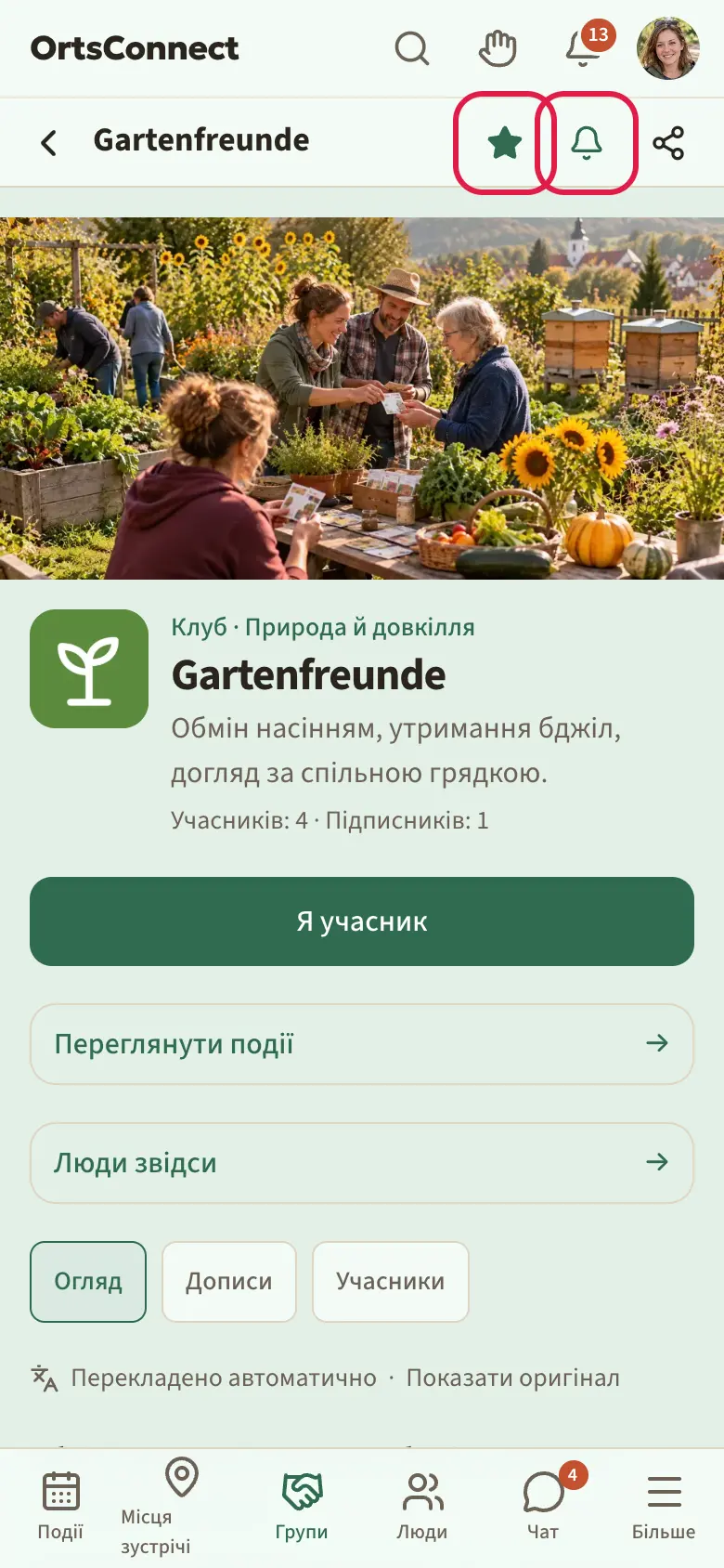 Сторінка організації, угорі в заголовку сторінки позначено зафарбовану зірочку і дзвіночок поруч, нижче обкладинка й назва організації