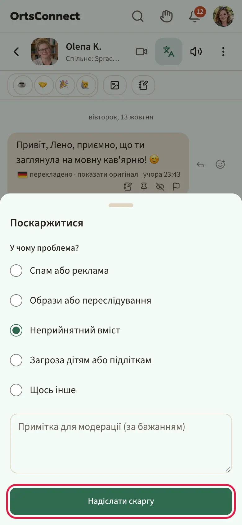 відкрите вікно «Поскаржитися» з п’ятьма причинами як варіантами вибору (обрано «Неприйнятний вміст»), нижче поле для примітки і позначена кнопка «Надіслати скаргу»
