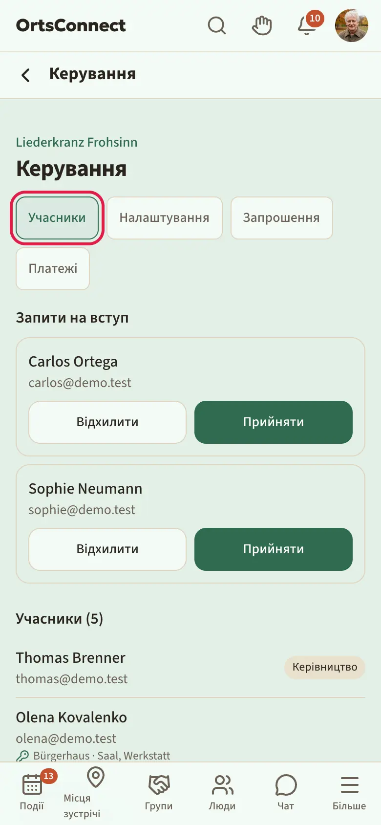 Сторінка керування організацією з вкладками «Учасники», «Налаштування», «Запрошення», «Платежі»; активна «Учасники»