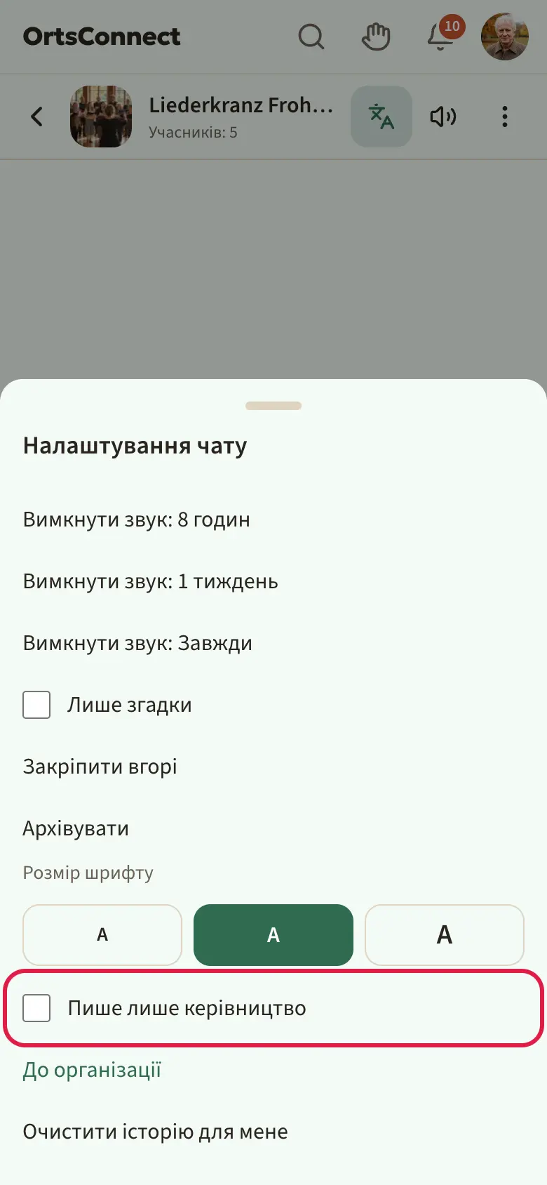 Груповий чат з відкритими «Налаштування чату», позначено «Пише лише керівництво»