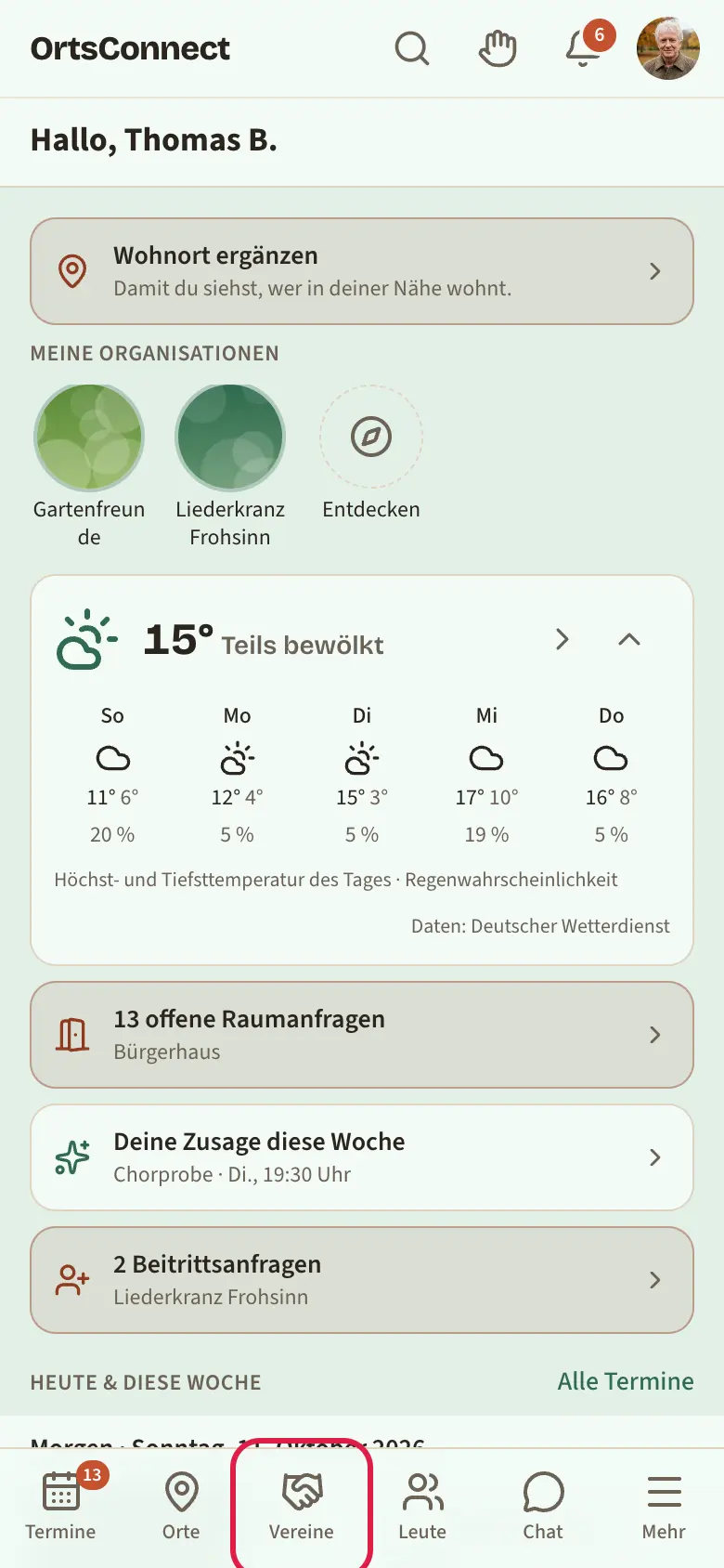 Startseite am Handy mit Kopfzeile (Logo, Suche, Glocke, Avatar) und Tab-Leiste unten, Feld „Vereine“ markiert