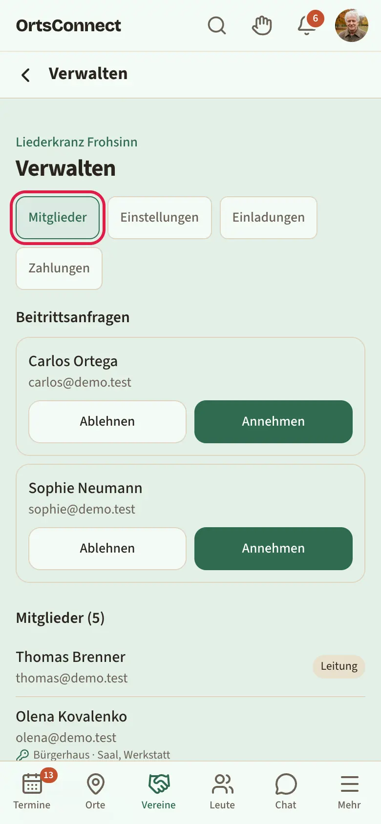 Verwaltungsseite einer Organisation mit den runden Knöpfen „Mitglieder“, „Einstellungen“, „Einladungen“, „Zahlungen“; „Mitglieder“ aktiv